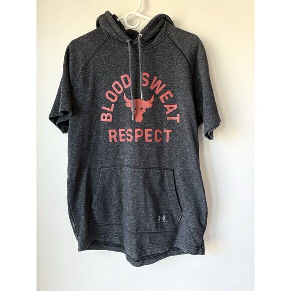 Under Armour Project Rock Hoodie Mens L Gray Short Sleeve Blood Sweat Respect - Picture 1 of 8